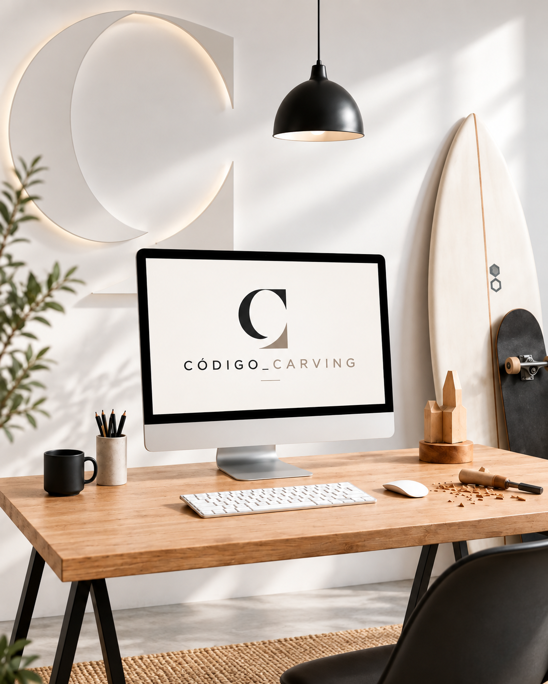 Espacio de trabajo de Código Carving con escritorio de madera, monitor, tabla de surf y skate
