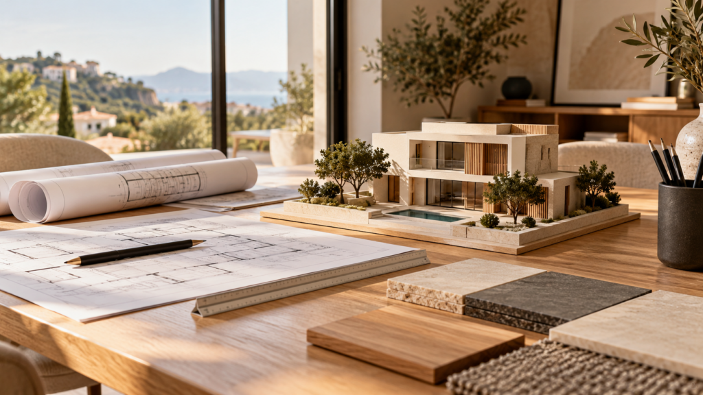 Maqueta de una vivienda sobre planos con muestras de materiales.