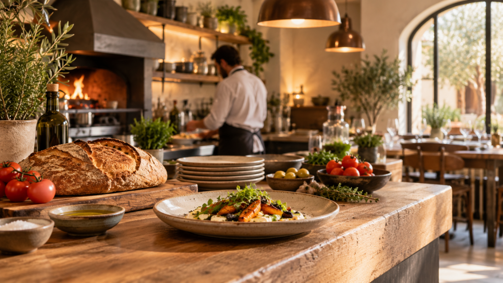 Pan, comida e ingredientes en un restaurante con un cocinero al fondo.