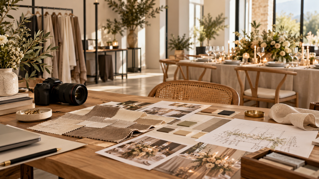 Cámara fotográfica, muestras de tejidos y decoración para un evento.