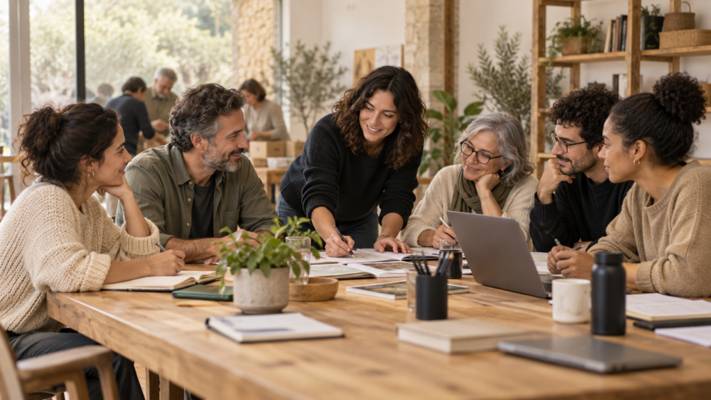 Personas de distintas edades colaborando alrededor de una mesa.